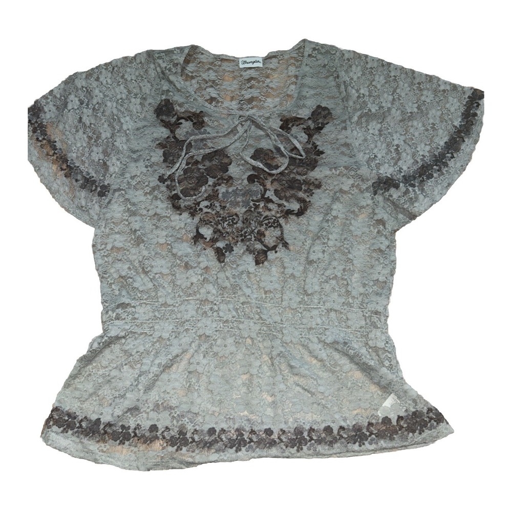 Womens XL Vintage Wrangler Floral Lace Sheer Peasant Cinched Waist Top